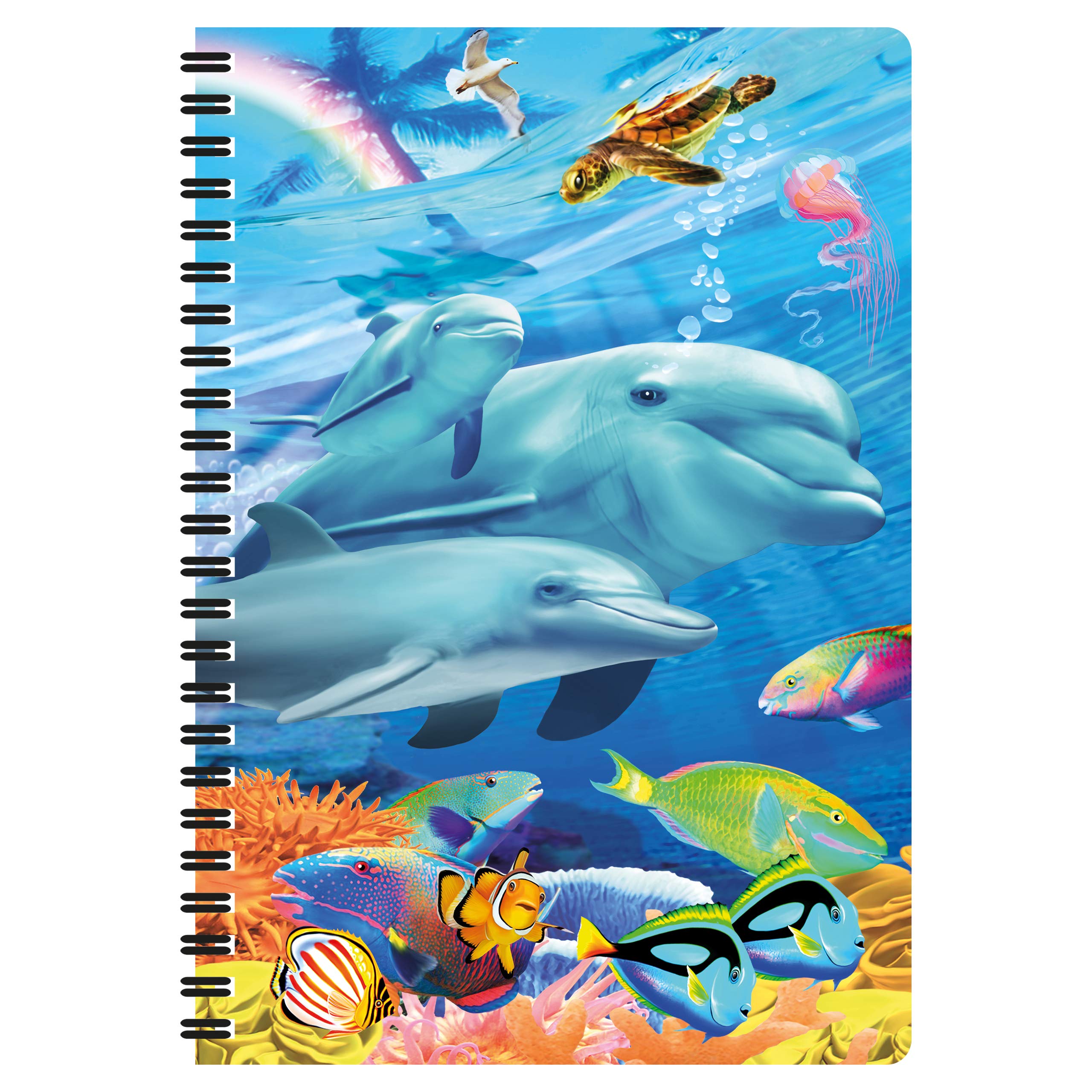 3D LiveLife A5 Notebook - Dolphin Family from Deluxebase. Spiral Bound Lined Notebook with 80 Recycled Pages, 3D Dolphin Art Notebooks for Work, Gifts and School Supplies, (21 x 14.5 cm).
