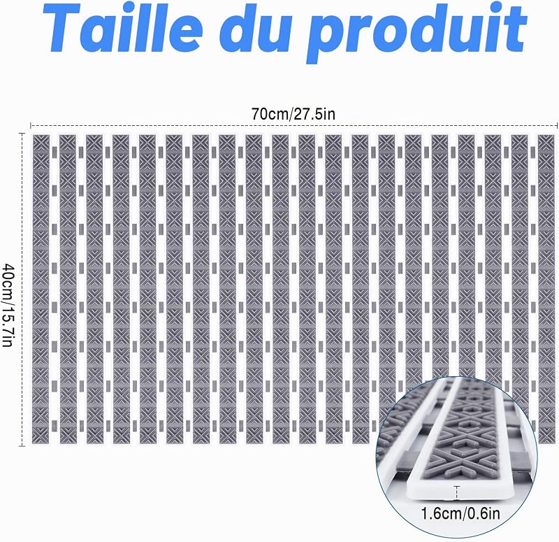 Caillebotis Douche 70 x 40cm, Tapis Baignoire Antidérapant Tapis de Bain avec Ventouse Tapis Douche sans BPA et Résistant aux Moisissures pour Les Seniors, Les Adultes