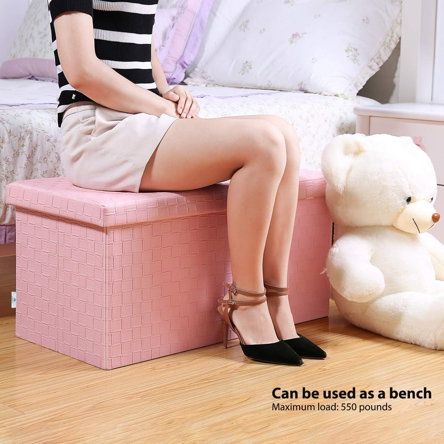 B FSOBEIIALEO Folding Storage Ottoman, Faux Leather Footrest Stool Long Bench, Pink 30"x15"x15": Furniture & Decor