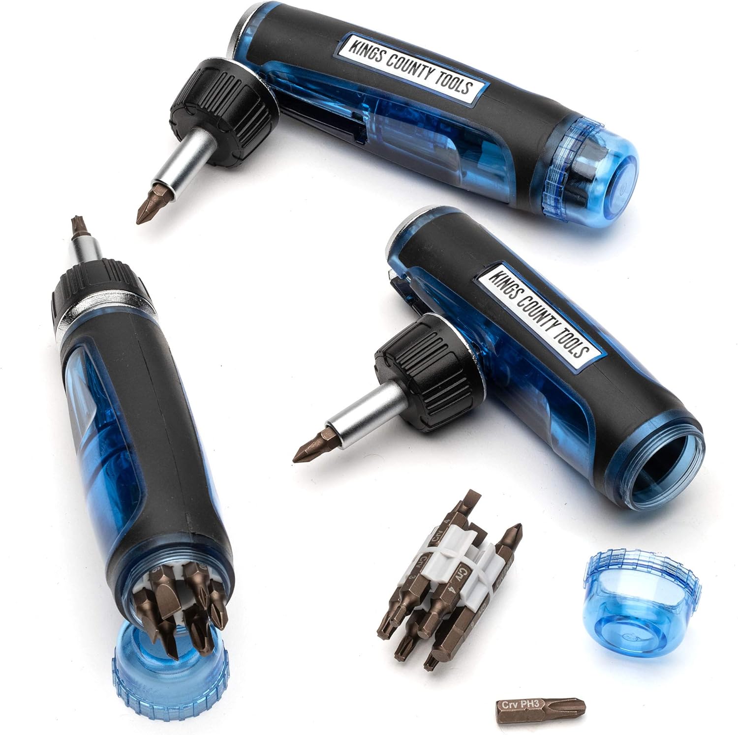 Kings County Tools Multi-Purpose Ratcheting Screwdriver | 3 Adjustable Handle Positions | Ergonomic & Sure-Grip Handle | 13 Steel Bits | Magnetic ABS Plastic Storage Cap