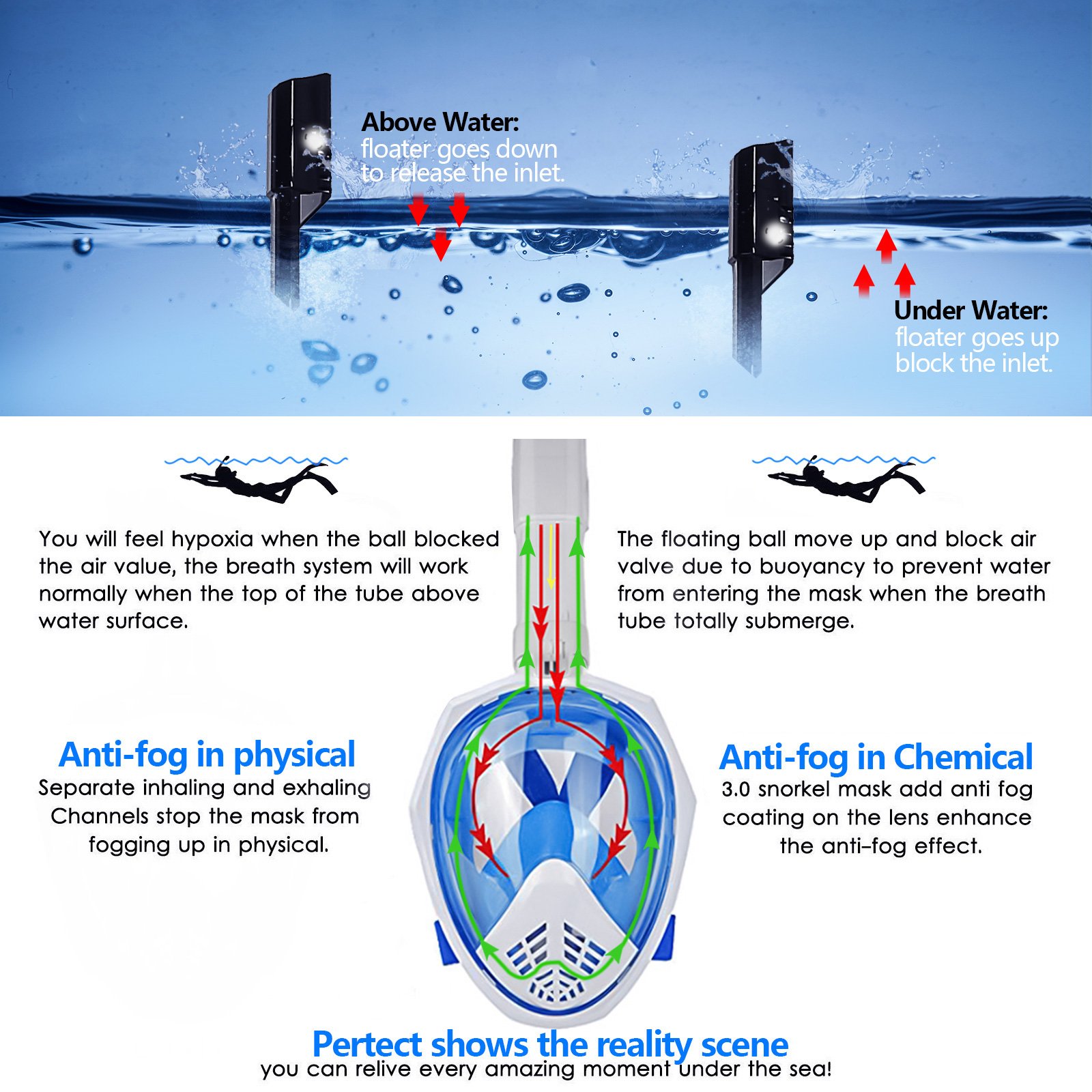 ANHONG Foldable Full Face Snorkel Mask Panoramic View Diving Scuba Mask Easy Breath with Anti-Fog and Anti-Leak with Adjustable Head Straps Design for Adults,Youth,Kids (Blue, L/XL)