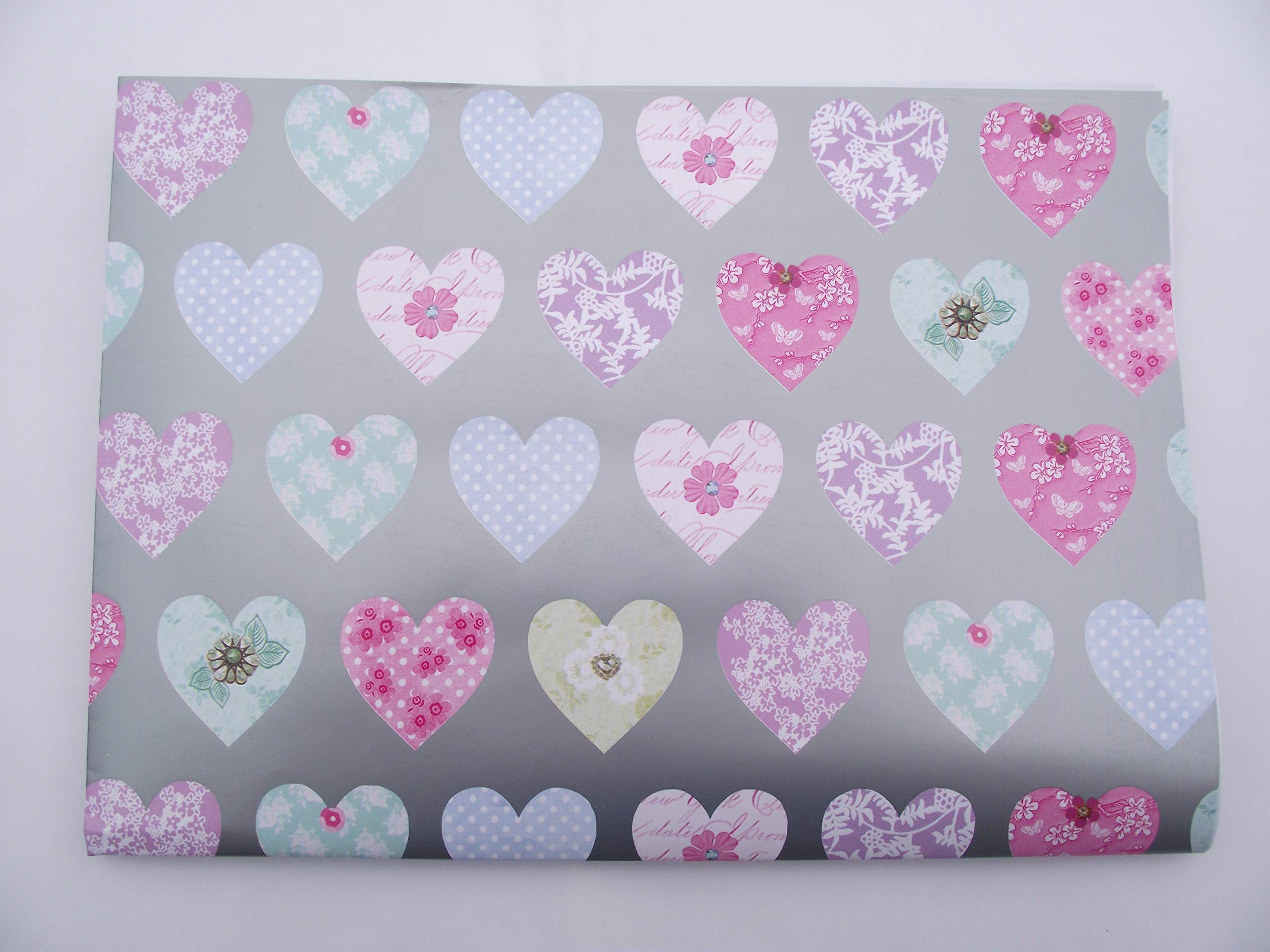 Simon Elvin 2 SHEETS OF LOVE HEARTS WRAPPING PAPER WITH SILVER BACKGROUND