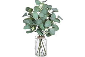 VIERENA Artificial Eucalyptus Stems in Glass Vase with Faux Water,15" Fake Plant Eucalyptus Leaves White Seeds for Centerpiece Table Decorations Farmhouse Wedding Home Greenery Decor (Grey Green)