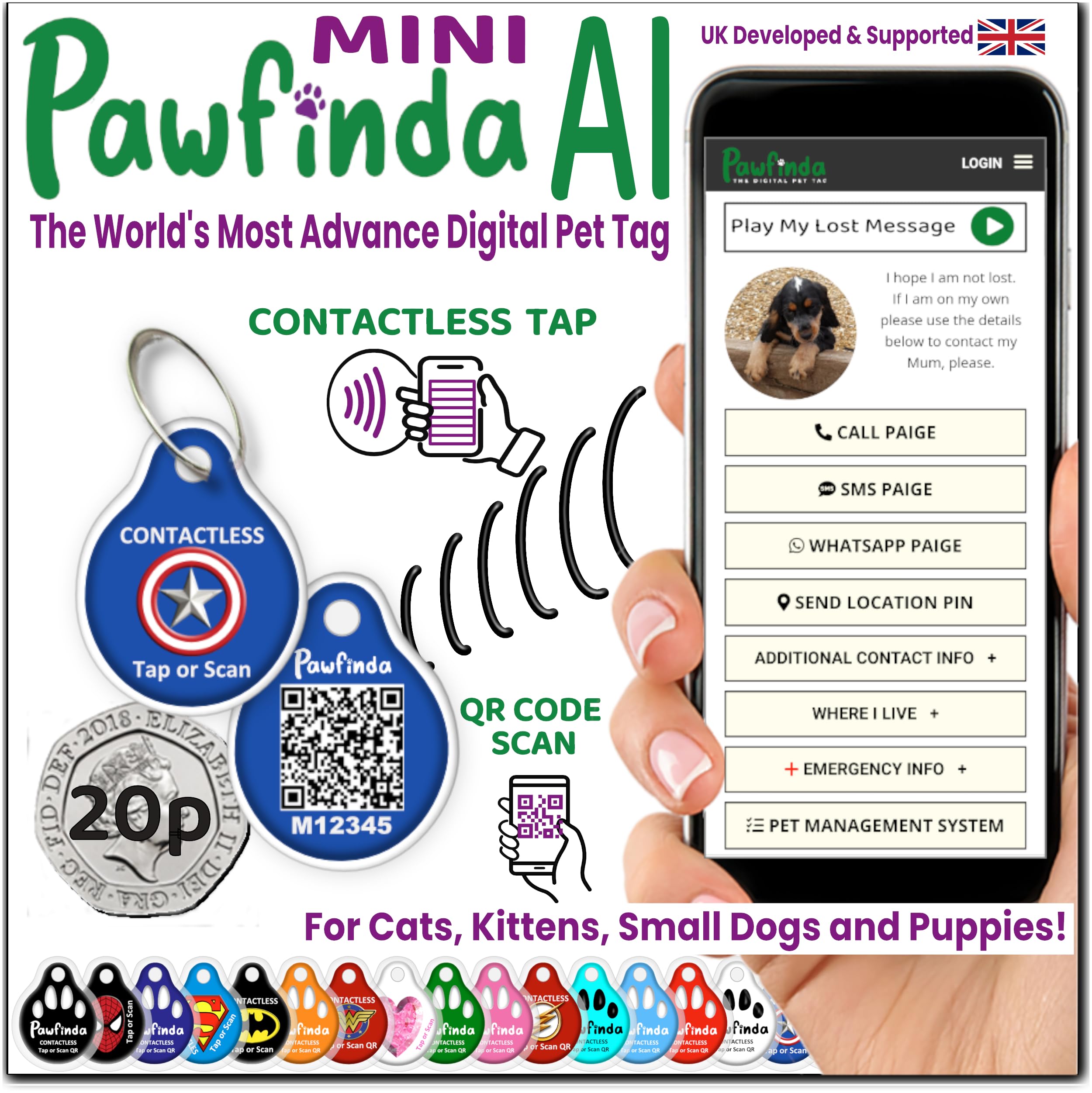 PAWFINDA – Next-Generation Personalised Cat & Dog ID Tag | Engraved Pet Tag with CONTACTLESS NFC, QR Code Technology & PawVoice AI | No App Required | Waterproof & Durable | UK-Based Support