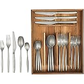 Bloomhouse - Two Time Oprah's Favorite Things Winner - 20 Piece Stone Washed Flatware 18/10 Stainless Steel Silverware Cutlery Utensil Set With Acacia Wood Caddy - Service for 4