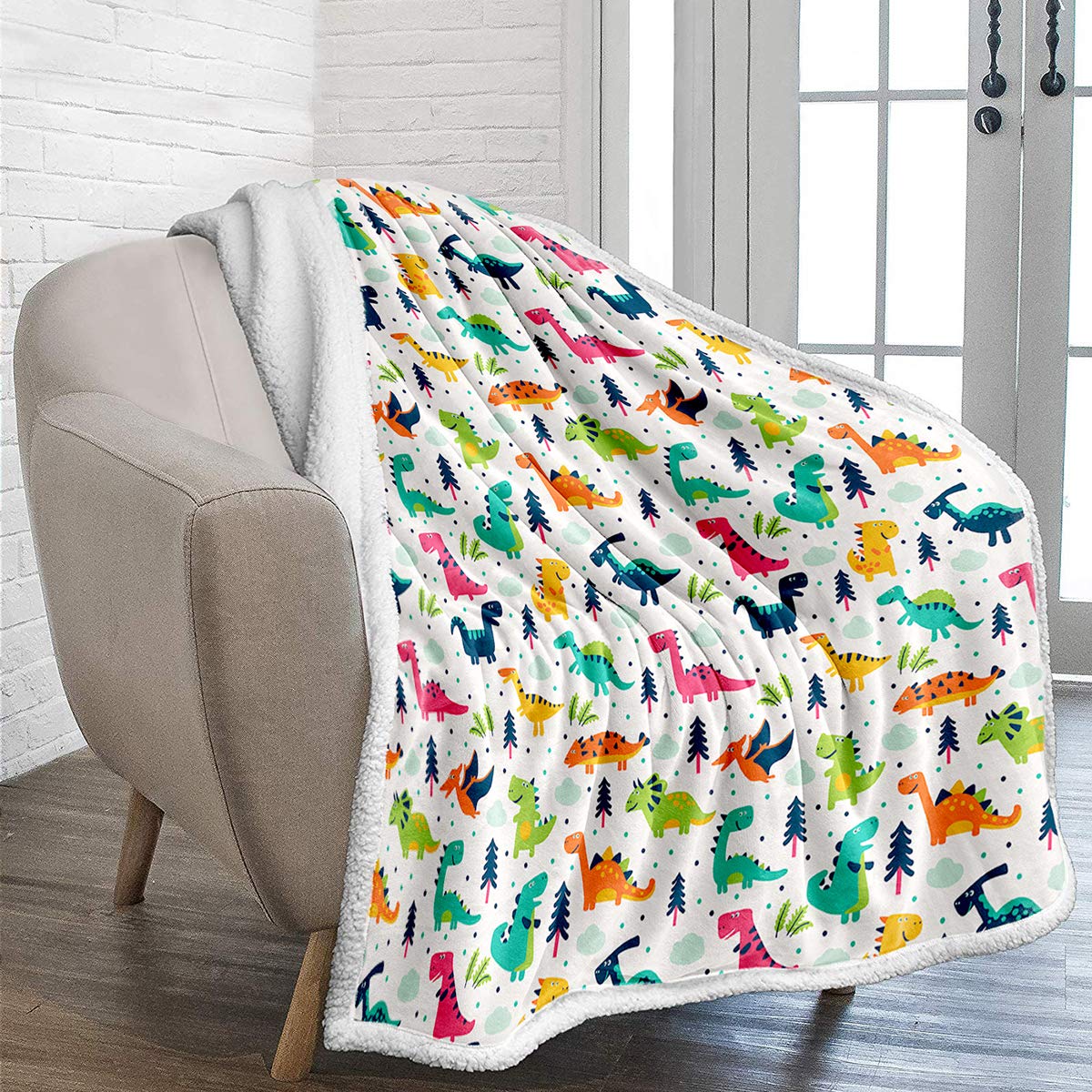 WONGS BEDDING Dinosaur Sherpa Blanket 3D Jurassic Dinosaur Printed Fleece Throw Blanket for Kids Teens Adults Soft Fuzzy Push Blanket for Holiday Bed Couch Double Size 150x200cm