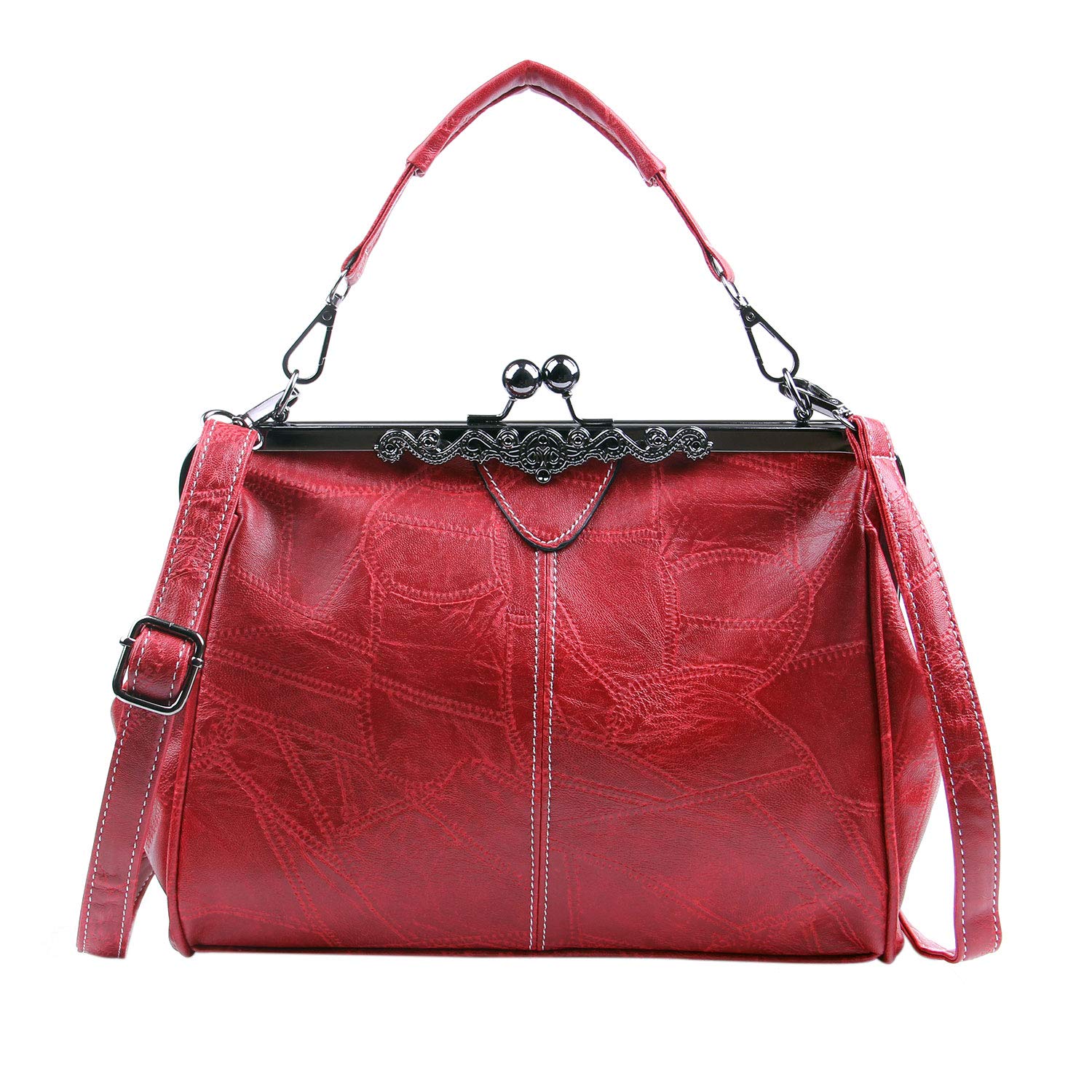 LUI SUI Women Retro Handbag, PU Leather Purse Vintage Top Handle Bag Kiss Lock Crossbody Shoulder Bag for Ladies