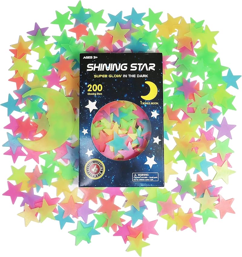 GLOCARNIVAL Glow in the Dark 200pcs 3D Stars Moon Wall Sticker Set