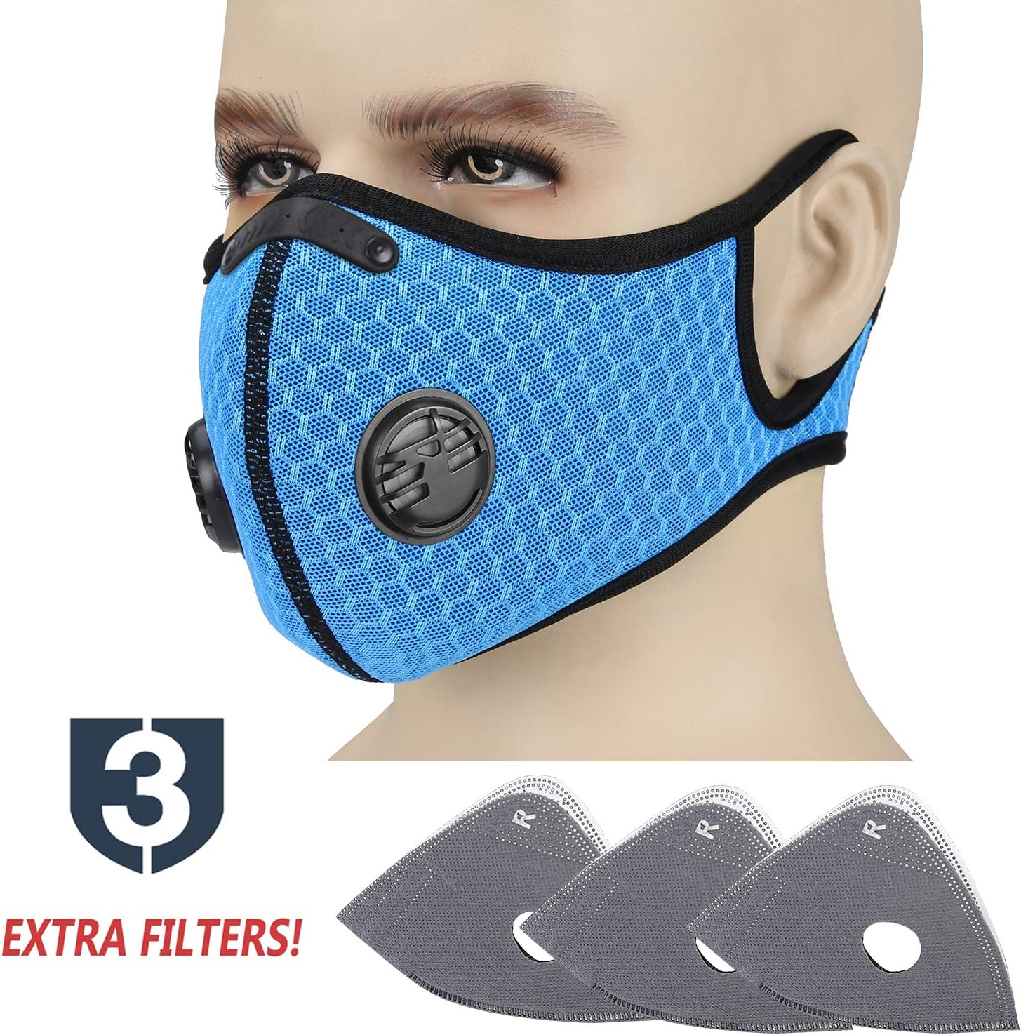 TOLEMI Dust Mask Respirator Anti Pollution PM2.5 Fold-Flat Dustproof Face Masks with 3 Activated Carbon N99 Filters for Men Women Outdoor Activities Sport Running Motorcycle Cycling - Blue