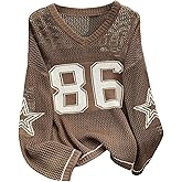 Floerns Women's Oversize Number Sweater Casual Hollow Out V Neck Street Pullover Top