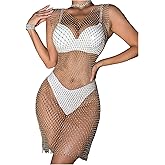 SHENHE Women's Sexy Rhinestone Mesh Dress Sparkly Crystal Sleeveless Fishnet Rave Festival Club Mini Dress