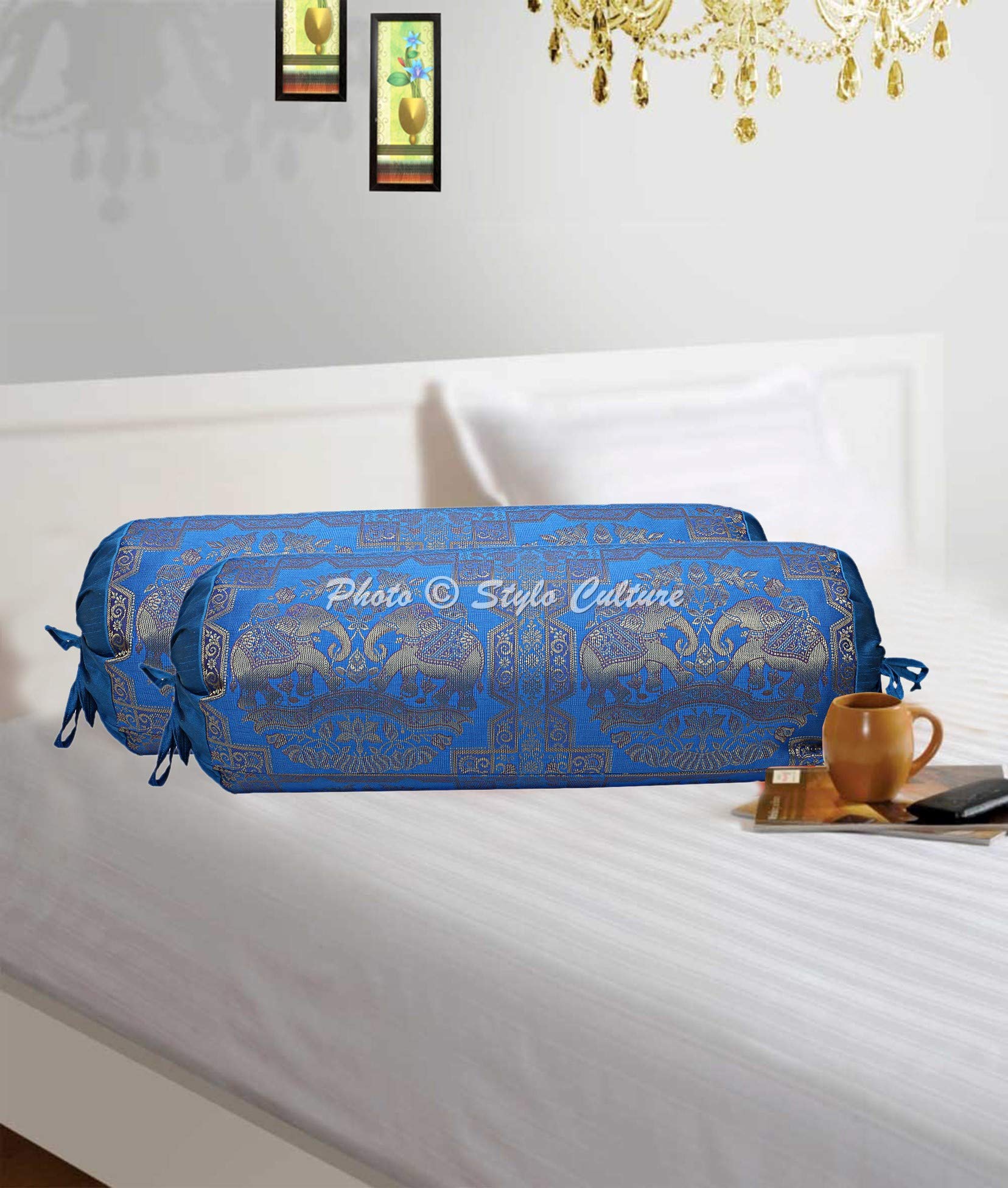 Stylo Culture Ethnic Polydupion Cylindrical Hotdog Pillow Settee Cylinder Cushion Covers Turquoise Dark Green Golden Round Brocade Large Bolster Pillow Covers (Set of 2) | 30x15 Inches (76x38 cm)