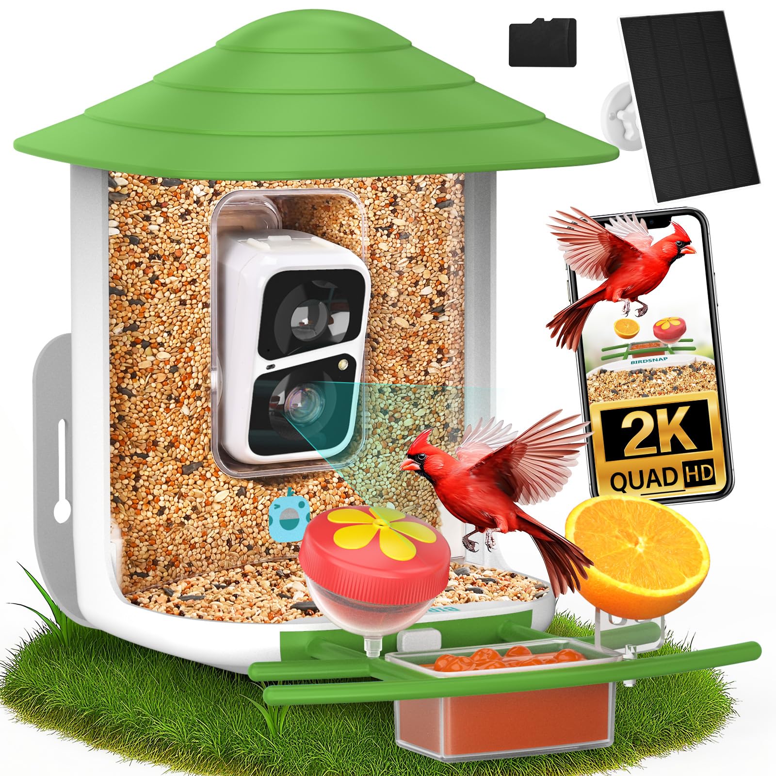 birdsnap® TUC Bird Feeder with Camera 2K HD, Solar Panel 32GB Card 4-in-1 Perch, 160°View Auto Detect & Notify AI Identify Video Bird Camera Wireless Outdoors Ideal Gift for Birds Lover Image