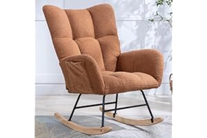 Phore Nursery Rocking Chair Teddy Upholstered Glider Rocker with High Backrest Armchair Comfy Side Modern Rocking Accent Chairs for Living Room, Nursery, Bedroom, Offices（Brown）