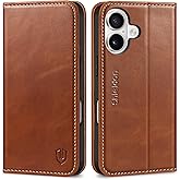SHIELDON Genuine Leather Case Wallet for iPhone 17 6.3-inch 5G 2025 | Foldable, Magnetic Closure, Kickstand, RFID Blocking Credit Card Holder, Shock-Absorbent Phone Cover - Retro Brown