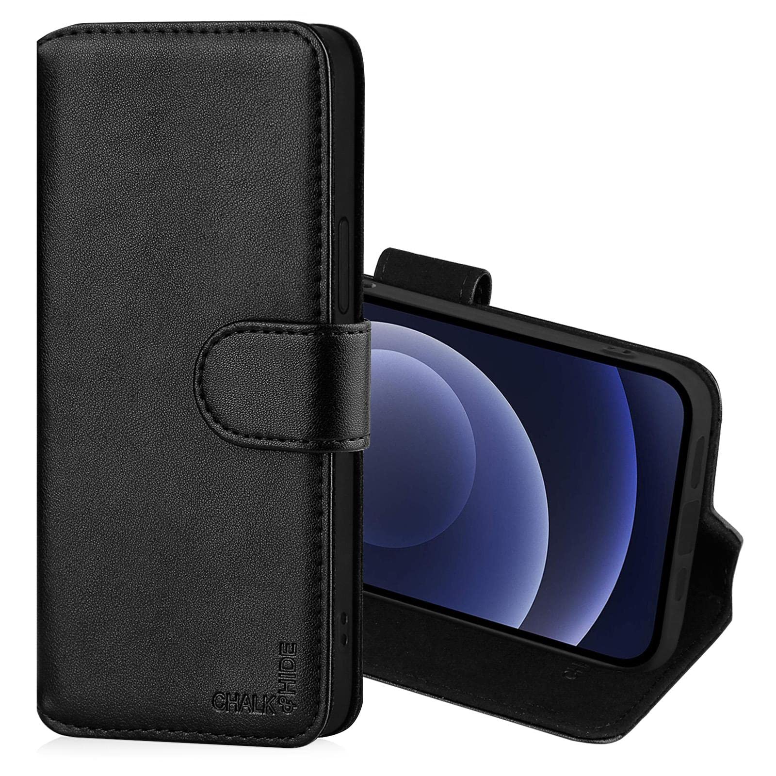CHALK & HIDE - Real Leather Book Wallet Flip Case Cover For Apple iPhone 12 (6.1") / Apple iPhone 12 Pro (6.1"), Real Leather Design With Card Slot, Magnetic Closure and Built In Stand - Black
