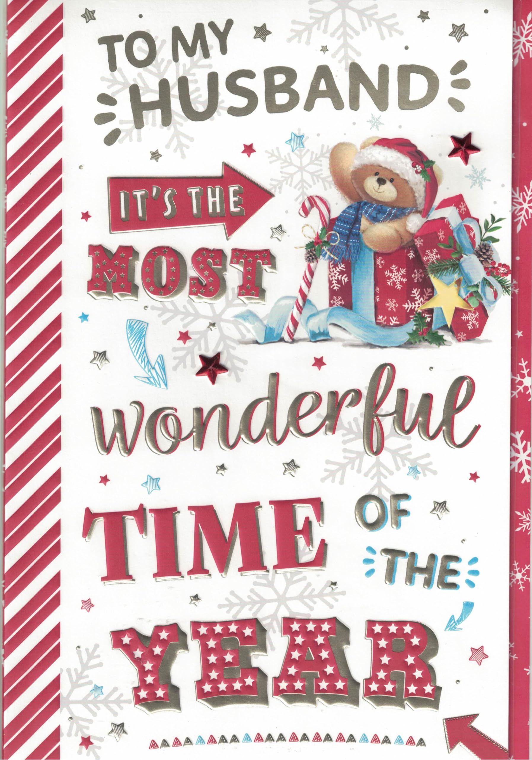 Extra Large Husband Christmas Card, Cute Festive Teddy Design, 8 Page Insert, 30.5 x 20.3 cm