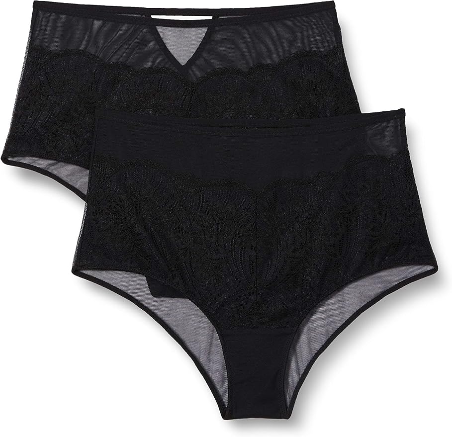 Iris & Lilly Women's Mesh and Lace High Waisted Knicker, Pack of 2