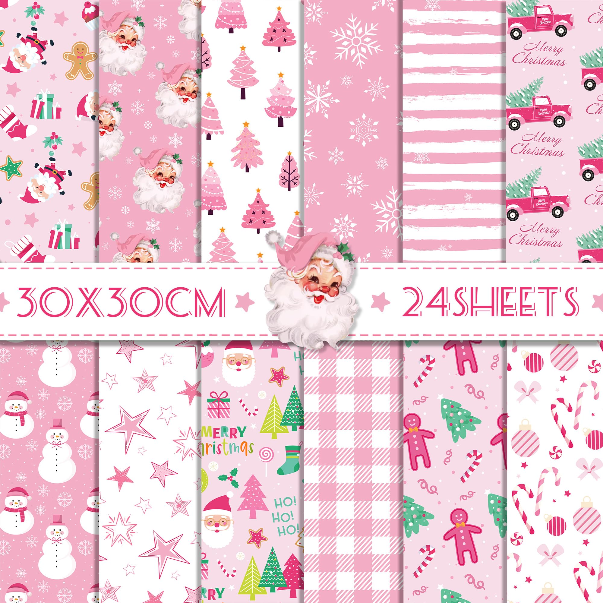 Pink Scrapbook Paper Pack - 24 Double-Sided Sheets, 12 Designs - Santa, Snowflakes, Origami Paper for Junk Journals, Card Making, Box Wrapping