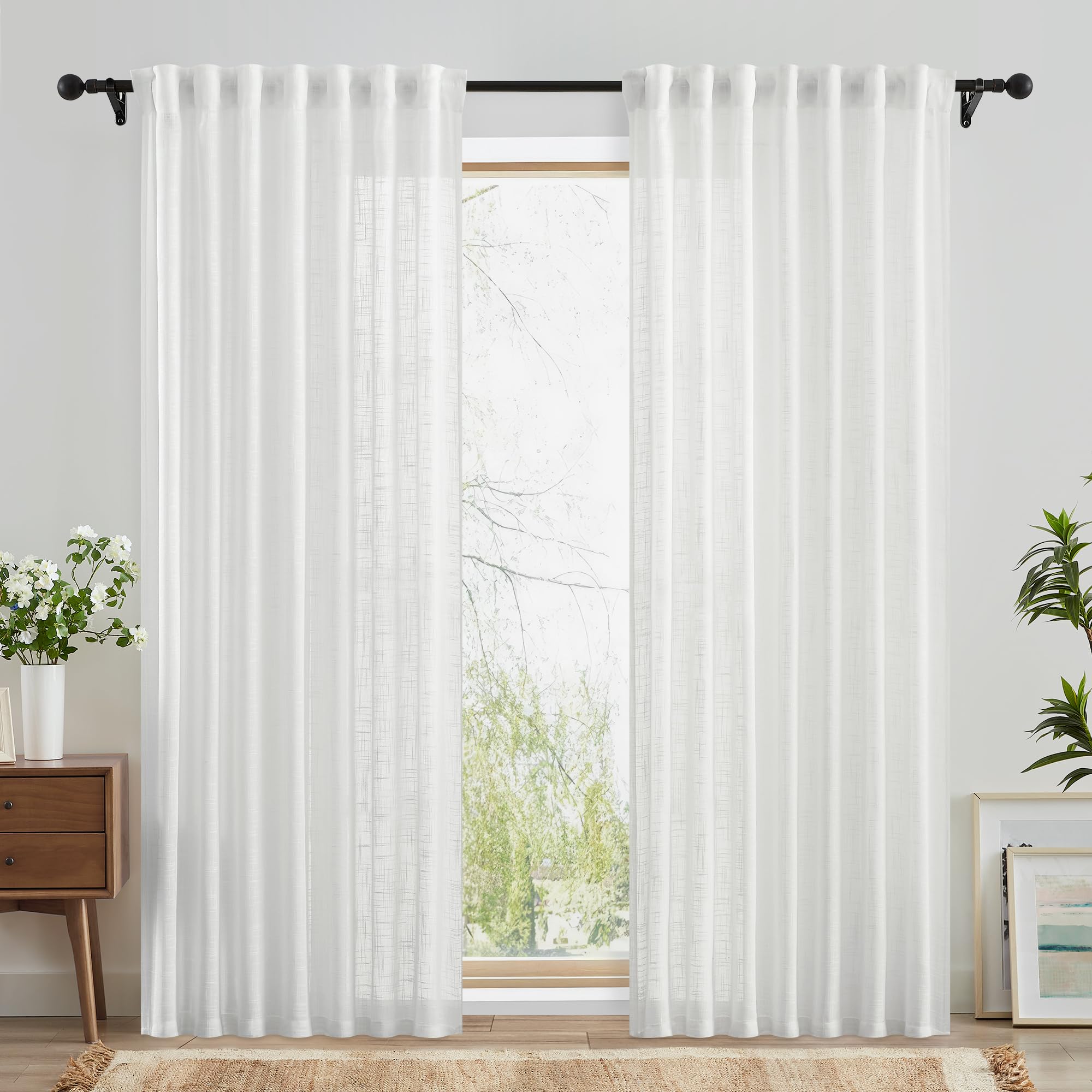 Fmfunctex White Rod Pocket Sheer Curtains for Living Room 90 Drop Linen Textured Pleated Curtains for Bedroom Semi Sheer Light Filtering Window Curtain Drapes for Dining Room 2 Panels