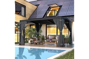 EROMMY Louvered Pergola 11' x 13' Outdoor Hard Top Mansard Roof Gazebo with Aluminum Frame and Adjustable Metal Rainproof Roof for Garden & Patio, Curtains and Netting Included, Gray-Black