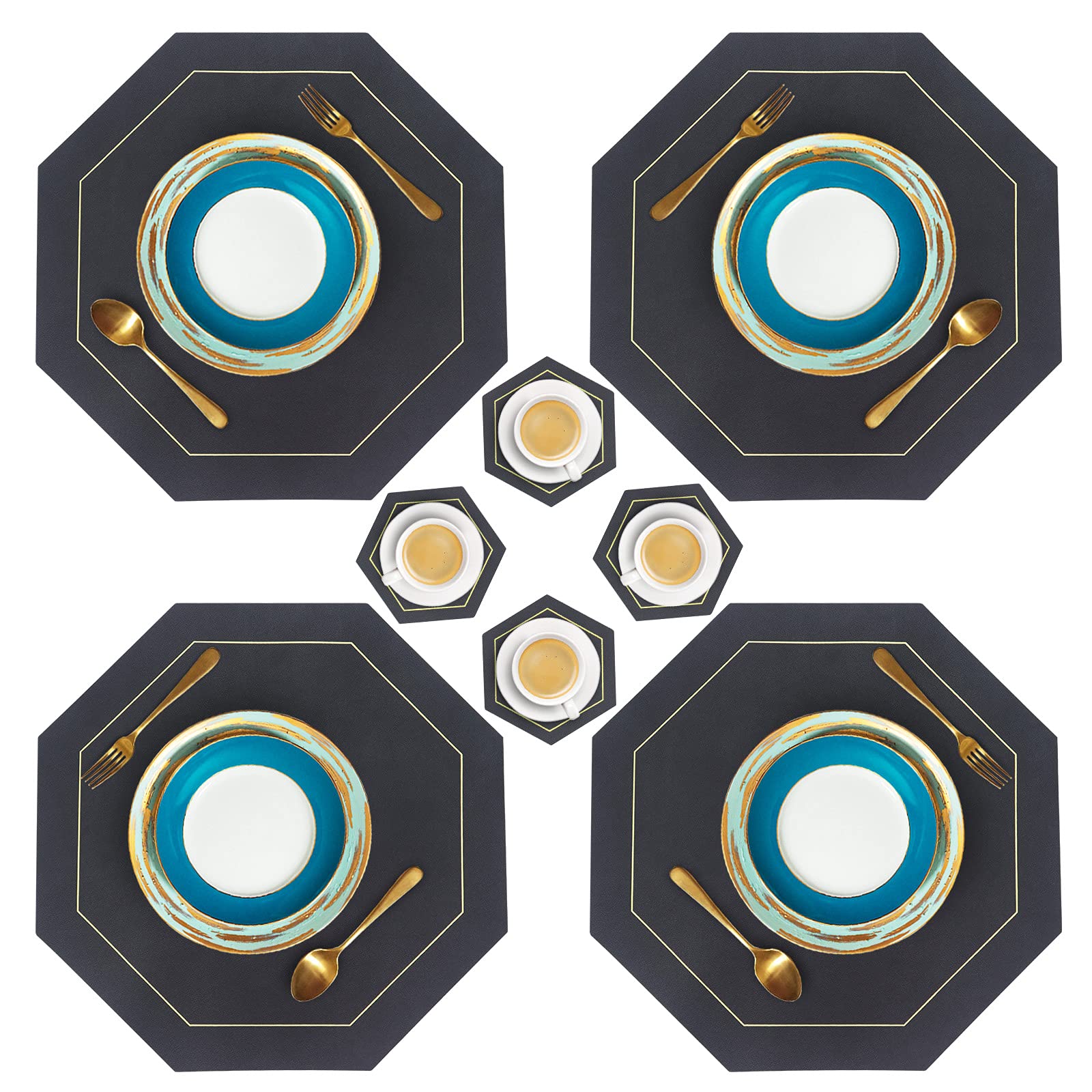 PU Leather Placemat and Coaster Sets of 4, Waterproof Heat-Resistant Wipeable Dining Table Mats for Home Kitchen Restaurant (Black)