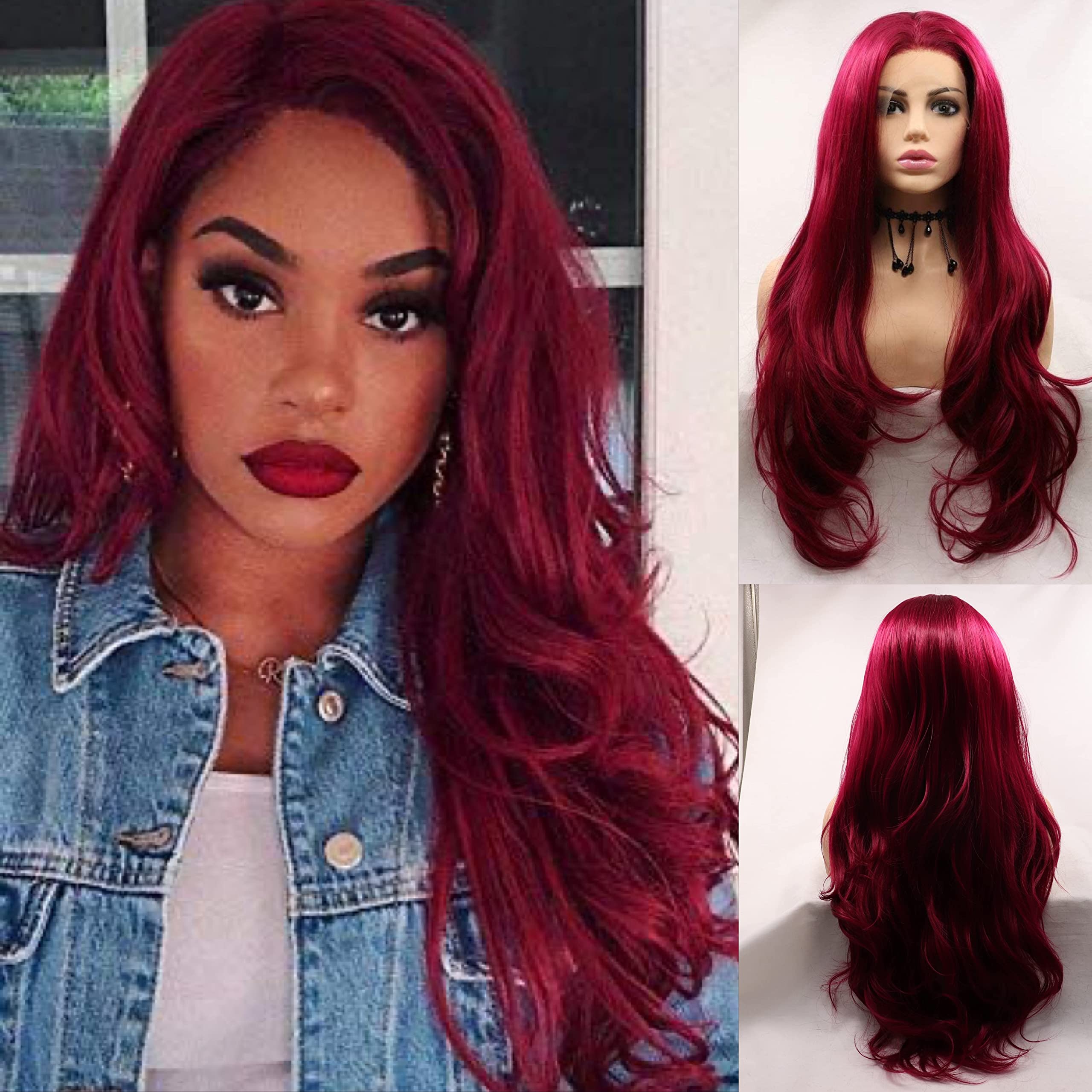 Dark Red Synthetic Lace Front Wigs for Women Cosplay Party Replacement Drag Queen Mermaid Red Real Natural Color Long Wavy Synthetic Hair (24 Inch, DarkRed/lace front wig)