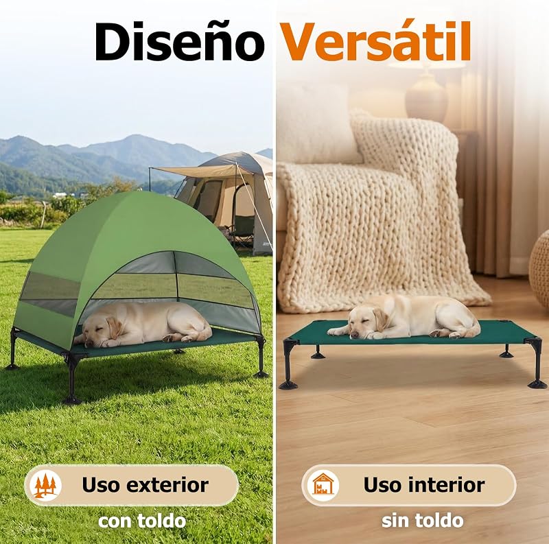 Cama elevada para Perros al Aire Libre con Techo, Tumbona Plegable con pies Antideslizantes, Tienda para Perros al Aire Libre con Gran Sombra, Cama elevada para Camping, jardín, Playa (Verde, L)