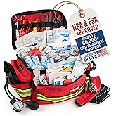 Scherber First Responder Fully-Stocked Professional Essentials EMT/EMS Trauma Kit | HSA/FSA Approved | Reflective Bag w/8 Zippered Pockets & Compartments & 200+ First Aid Supplies - Red