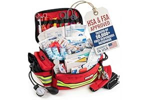 Scherber First Responder Fully-Stocked Professional Essentials EMT/EMS Trauma Kit | HSA/FSA Approved | Reflective Bag w/8 Zippered Pockets & Compartments & 200+ First Aid Supplies - Red