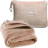 BlueHills Premium Soft Tall Travel Blanket Pillow for Airplane Traveling Essentials Long Flight Trip Throw in Bag case with Backpack Clip Compact Large Plane Accessories Beige T053