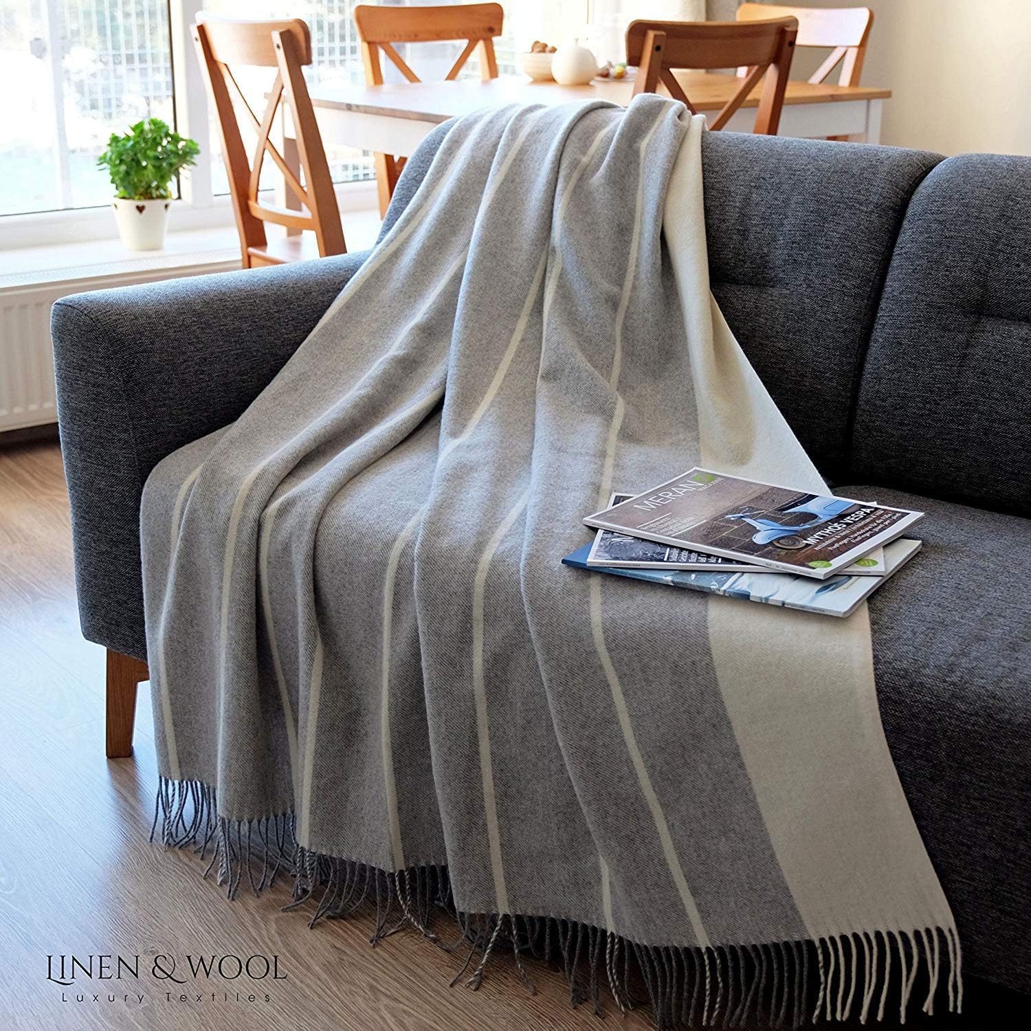 Linen & Cotton Soft Striped Throw/Blanket Anna with Fringe, 100% Fine Merino Wool - Image 4