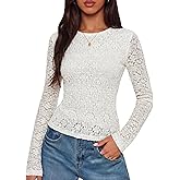 Simlakey Womens Lace Long Sleeve Tops Mesh Tee Blouse Layering Shirt Crew Neck Slim Fit Shirts Floral Sexy Going Out Tunics