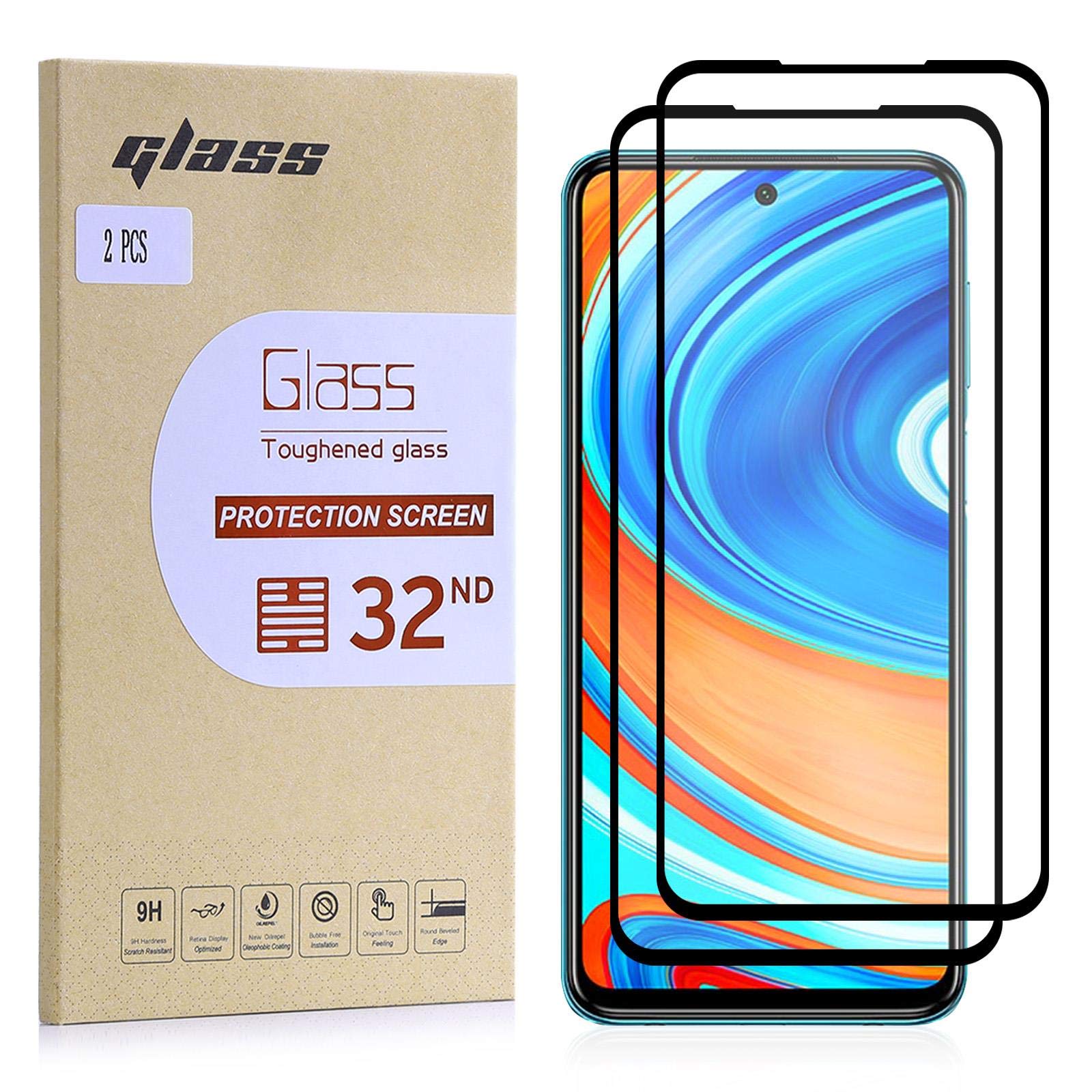 32nd Screen Protector, [Bubble Free Installation], Tempered Glass Screen Protector for Xiaomi Redmi Note 9 Pro, Redmi Note 9 Pro Max & Redmi Note 9S [2-Pack]