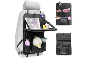 Elantrip Premium PU Leather Car Backseat Organizer with Foldable Table Tray - Multi-Function Storage with Tablet Holder, 9 Pockets, Kick Mats, Seat Back Protectors, Black, 1 Pc