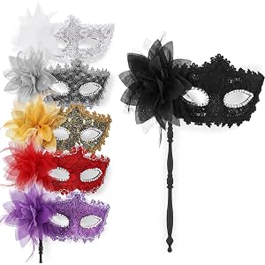 Rivvlive 6pcs Masquerade Mask with Stick for Women, Venetian Half Face Mask | Halloween Costume, Feather Lace Flower, Handhel