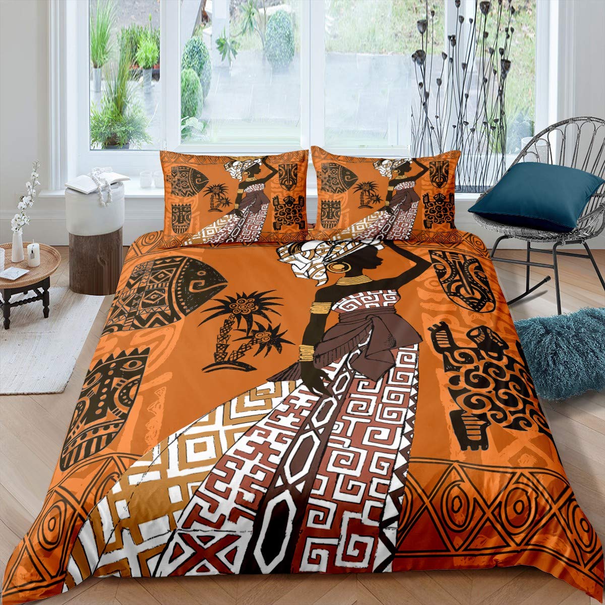 Loussiesd African Woman Print Comforter Cover Vintage Boho Style Duvet Cover for Kids Boys Girls Teens Traditional Exotic Nation Soft Microfiber Bedding Decor 2Pcs Quilt Cover Single Size