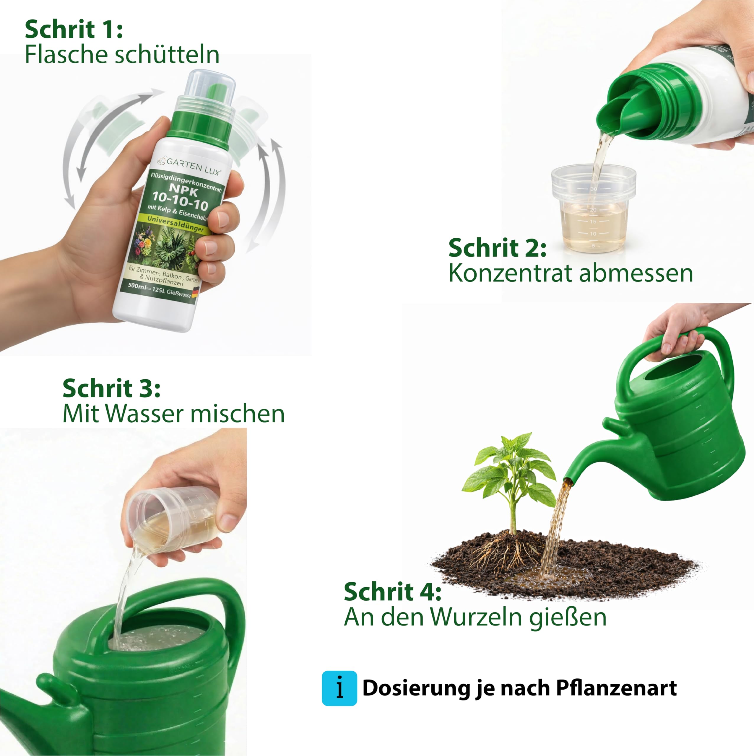 Garten Lux Flüssigdünger Konzentrat NPK 10-10-10 mit Kelp & Eisenchelat – Universaldünger für Zimmer-, Balkon-, Garten- & Nutzpflanzen, 500 ml (125 L Gießwasser) 4