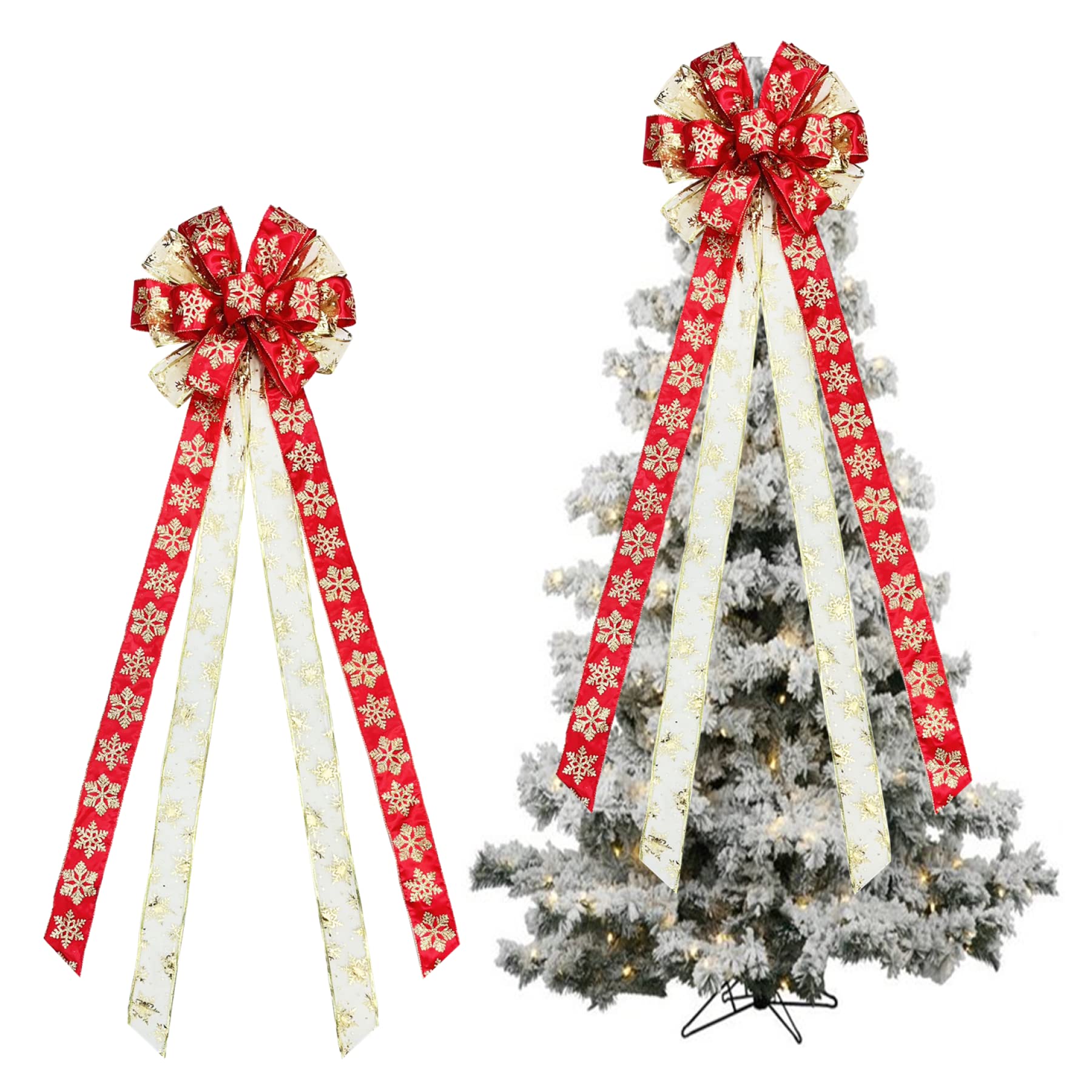 Photo 1 of EZ KITCHEN 1PC Christmas Wreath Bow with Long Streamers Tree Topper 48x13 Inches Glittered Snow Flakes Bow Decorative Bows for Christmas Decoration Xmas Party Decoration Supplies, Red & Yellow Gold