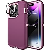 MXX Heavy Duty Made for iPhone 14 Pro Max Case with Tempered Glass Screen, Camera Lens Protector 3Layer Full Body Protection Shockproof Dustproof Cover for 14 pro max Phone Case 6.7" (Plum/Light Pink)