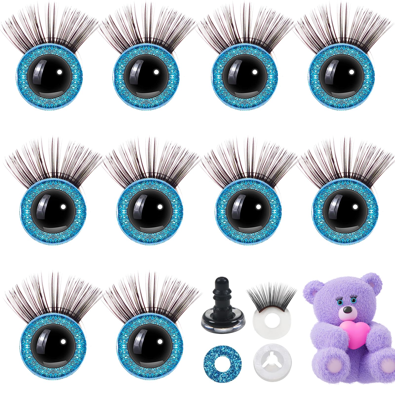 SwirlColor Safety Eyes for Crochet Toys, 10 Pcs 12 mm Glitter Plastic Safety Eyes with Eyelashes and Washers for DIY Crochet Animals Doll Puppet Plush Toy