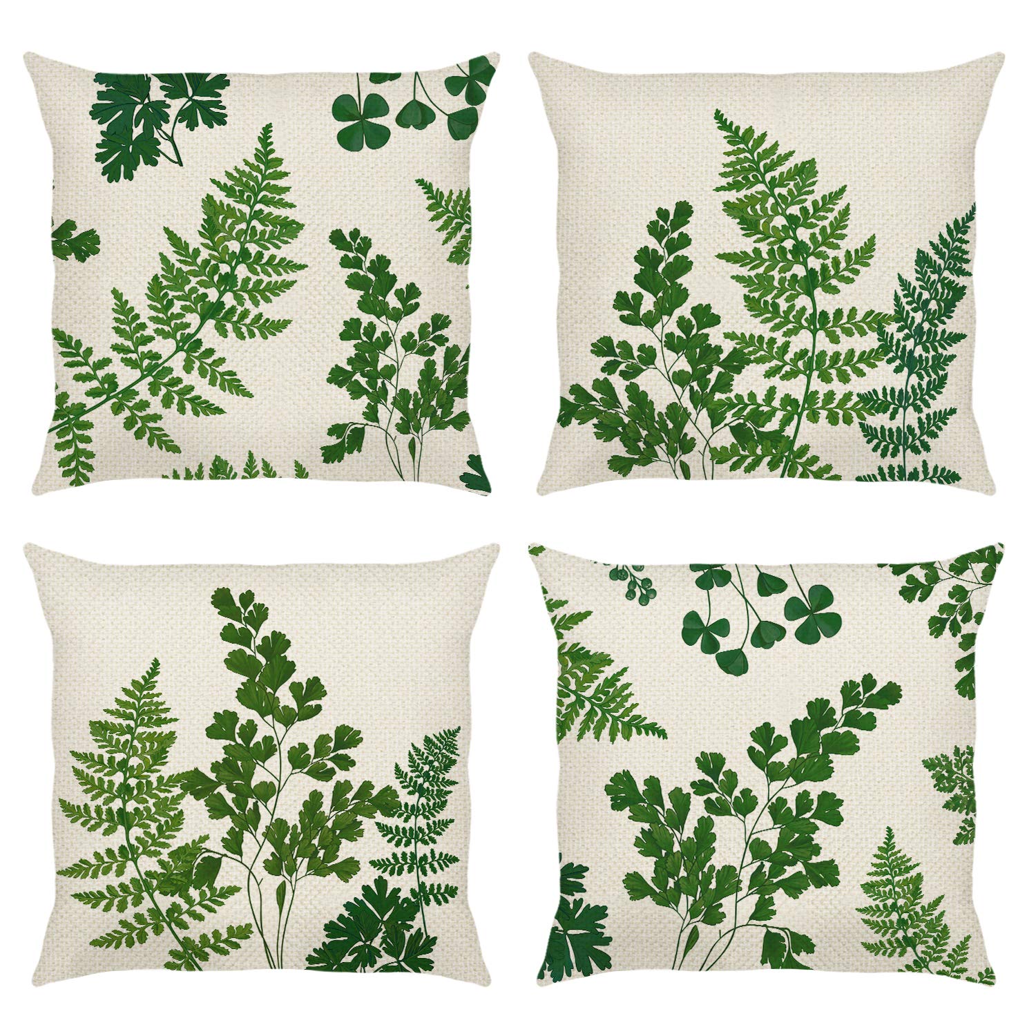 Bonhause Fern Leaves Cushion Covers 45 x 45 cm Green Botanical Leaf Decorative Throw Pillow Covers Polyester Linen Pillowcases for Sofa Garden Outdoor Decor Set of 4