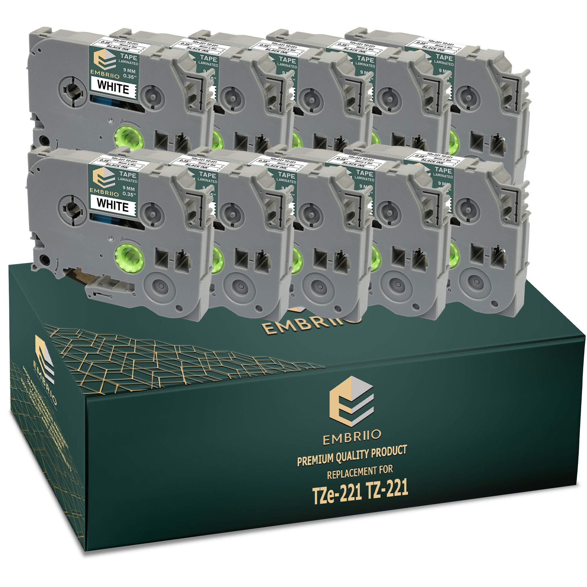 EMBRIIO TZe-221 TZ-221 10 Label Tapes Replacement for Brother P-Touch PT-H110 PT-E550WVP PT-E100 PT-P700 PT-H105 H101C PT-1000 PT-D600VP PT-H100 H100LB | Black on White | 9 mm x 8 m