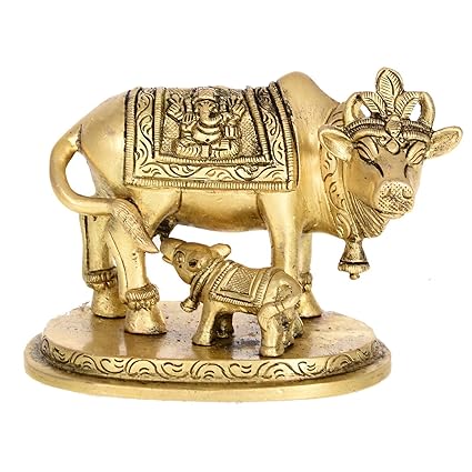 Two Moustaches Brass Holy Kamdhenu Cow and Calf Sculpture
