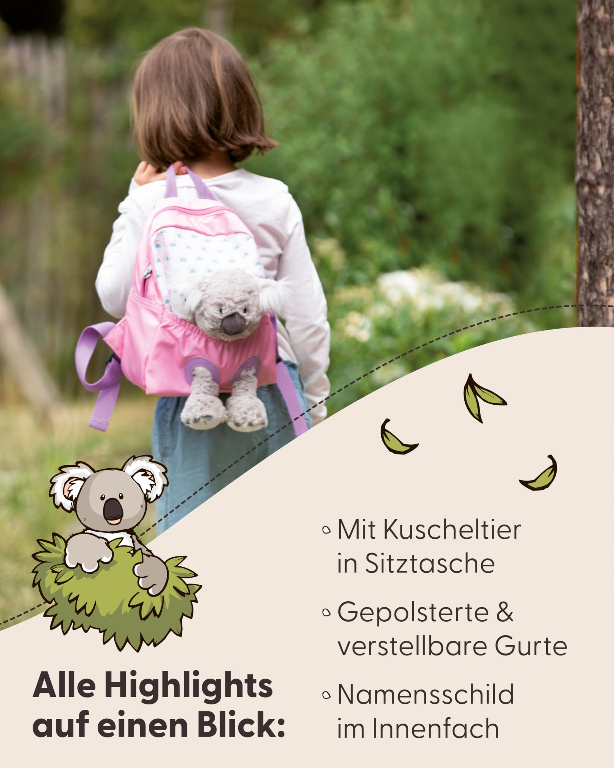 NICI Kinderrucksack rosa 2 in 1 mit Kuscheltier Koala 25cm - Kindergartenrucksack Mädchen & Jungen - Weicher Rückenbereich & verstellbare Gurte - 49841 4