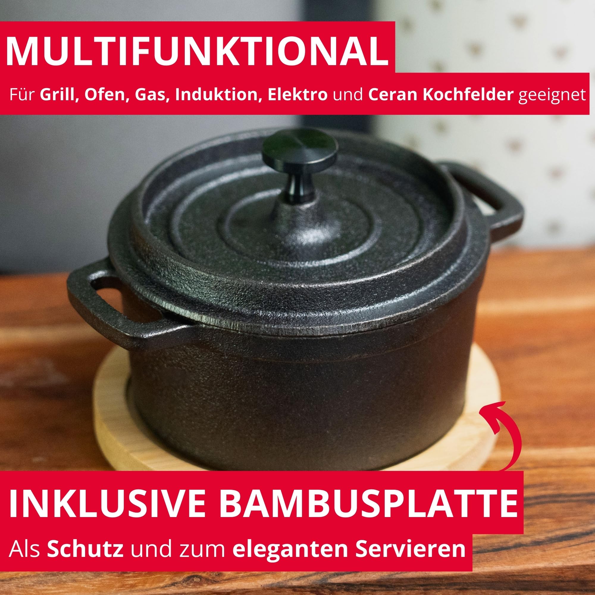 Westmark Gusseiserner Topf Tapas + Friends – kleiner Gusseisentopf mit Deckel, für alle Herdarten geeignet, auch Induktion und Grill, inkl. Bambus-Untersetzer – Eisen, 250 ml 2