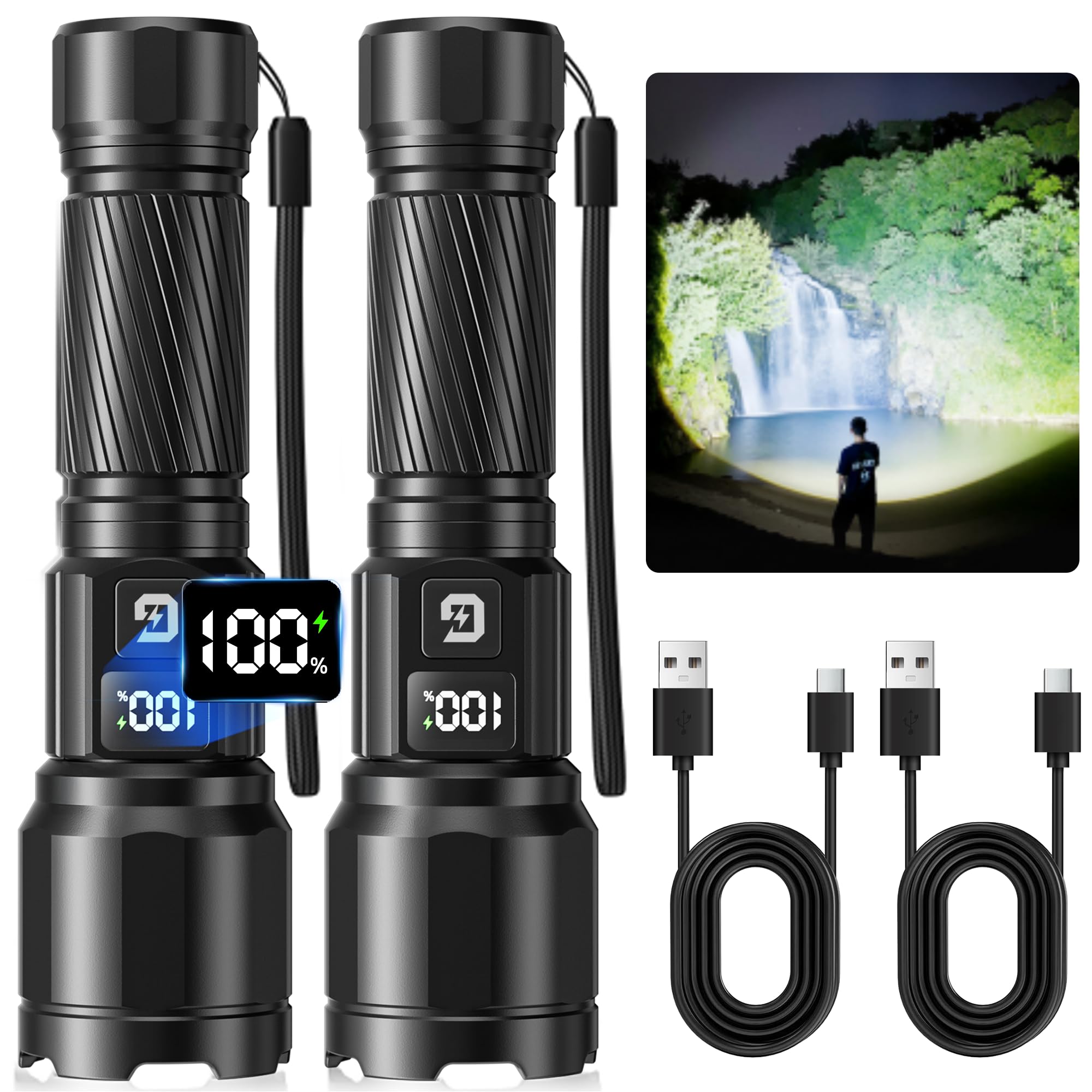 GEARLITE Taschenlampen LED Aufladbar, 6000LM LED Taschenlampe Extrem Hell mit 3 Modi, IP65 Wasserdichte Handlampe Zoomable für Camping, Wandern, Outdoor 2 Stücke