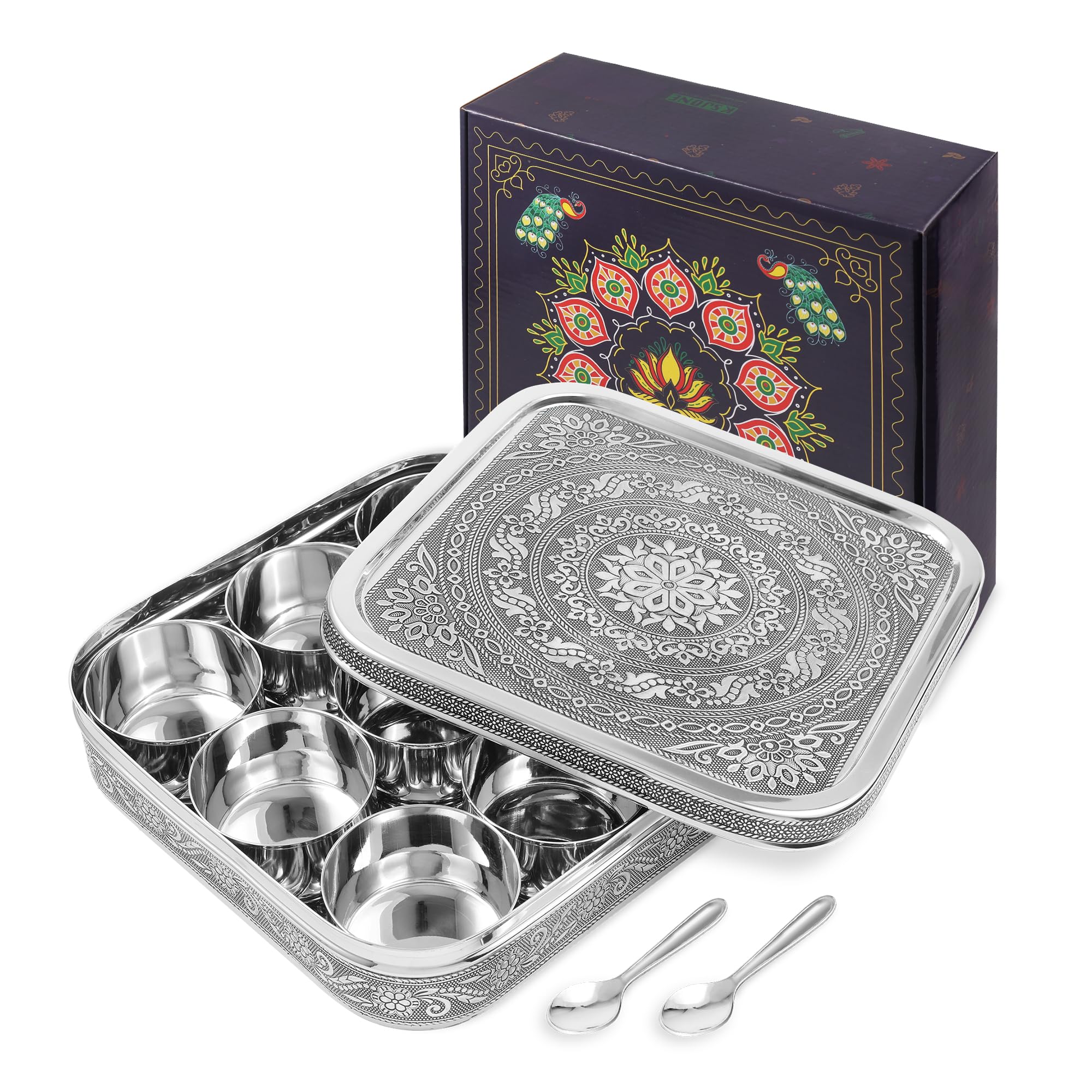 KSJONE Designer Indian Spice Tin Stainless Steel Masala Dabba LARGE Curry Cooking Spice Tiffin Tin Box Kitchen Masala Container Spice Container 9 Compartments Storage Set