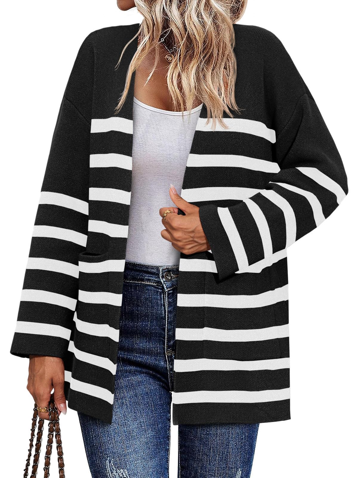 Photo 1 of Saodimallsu Womens Oversized Striped Cardigans Open Front Chunky Knit Casual Loose Fit Long Sleeve Sweater Coats Black