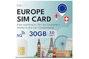Europe SIM Card with 30GB Data + Unlimited Calls & Texts Across Europe | Valid for 30 Days | Works in EU, UK & Switzerland | 